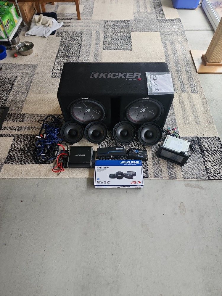 Kicker Subwoofer, Amp, Alpine Door Speakers, Tweeters, Kenwood Receiver.