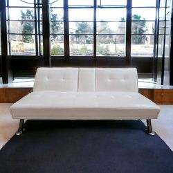 Free Delivery! Clean White Leather Futon Sofa Bed Couch With Cup Holders