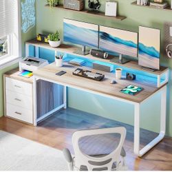67" Computer Desk with 3 Drawers, Home Office Desk with Long Monitor Stand and Printer Space, Office Desk with Storage & LED Lights, Writing Desk with