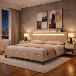 King size bed frame with LED Headboard, Upholstered Platform, Charging Station, beige D-42
