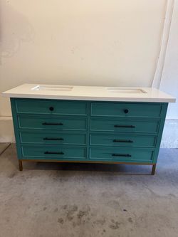Water Creation Teal & Brass Double Vanity w Quartz Countertop