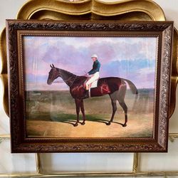 11x14 Racehorse and Jockey Canvas Print in Vintage Brushed Antique Gold Ornate Frame