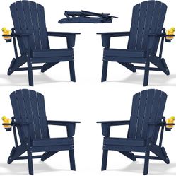 Folding Adirondack Chair with Cup Holder Set of 4, HDPE Patio Chairs,All-Weather Outdoor Chairs for Backyard, Deck,Fire Pit-NavyBlue