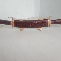 Rare HTF Exquisite Ornately Wood Carved Brass Trim Steel Blades Knife, Fork, & Storage Case Set