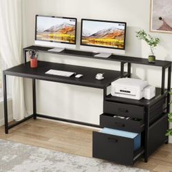 JW0839 63 Inch Computer Desk with File Drawer Cabinet, Ergonomic Office Desk with Monitor Stand, Industrial Computer Table with Printer Space, Wood PC