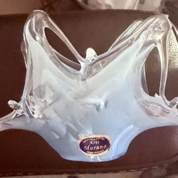 Vintage Italian Murano Art Glass Flower Basket Baby Blue Clear Hand Blown