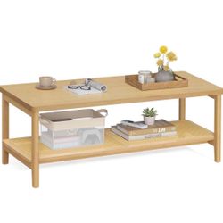 Tier Coffee Table for Living Room, Rectangular Living Room Table, with PVC Rattan Storage Shelf, Rounded Corners, Easy Assembly, Boho Styl