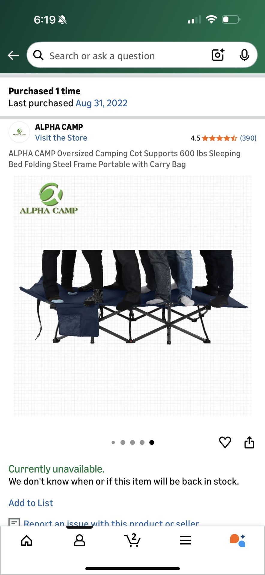 ALPHA CAMP Oversized 600-lb Camping Cot – Heavy-Duty Folding Cot w/ Carry Bag (Blue)
