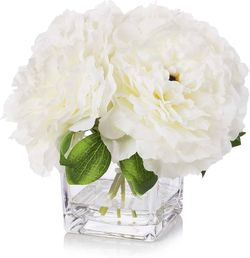 Silk Peony Flowers Arrangements in Cube Glass Vase with Faux Water for Home Table Wedding Centerpiece Decoration (Cream)