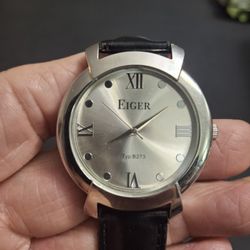 Tiger TYP B273 Silvertone Watch With Black Leather Strap W/Brand New Battery- Works Perfectly 