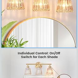 3-Light Bathroom Vanity Light, Brushed Brass Gold Vintage Wall Sconce with Independent Toggle Switch, Amber Ribbed Glass Light Fixture for Mirror, Bed