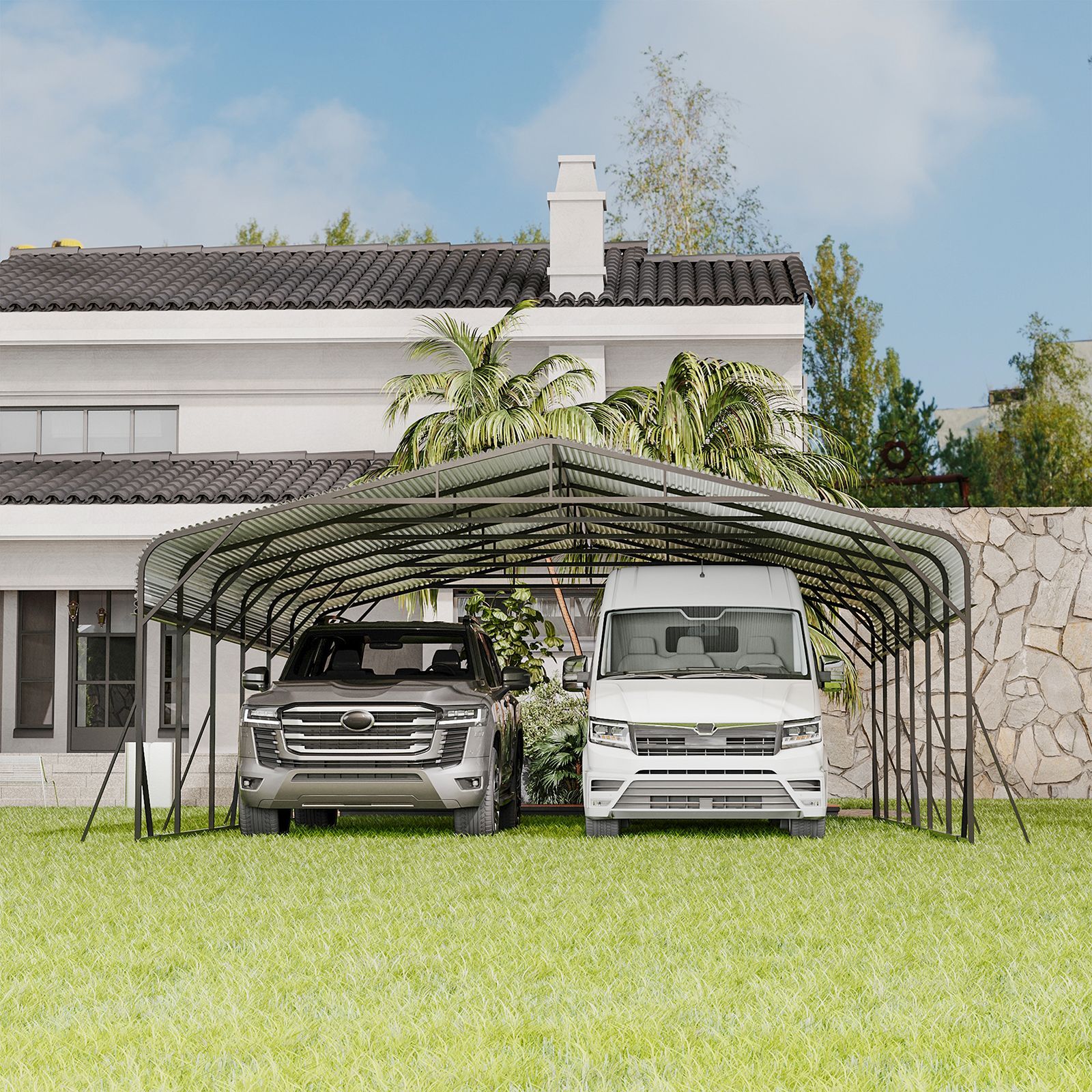 Windy Triangle Frame Carport Canopy 20'X30' Heavy Duty Car Port Galvanized Steel Roof ...