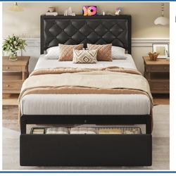 Twin Bedframe With Storage Drawer And Plug-In Outlet New