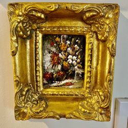 Vintage Flowers Oil Painting on Board Wall Art w/ Thick Gilded Gold Frame 6x7”