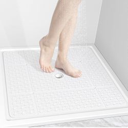 OTHWAY Square Shower Mat, 27"x 27" Extra Large for Inside Shower, TPE Non-Slip Mat With Suction Cups, Drain Holes, Machine Washable Floor Mat (White)