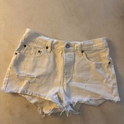 Levis 501 Vintage White Distressed Shorts Waist 28”