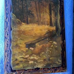 Vintage lacquered wooden wall plaque with autumn trees