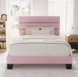 Twin Size Platform Bed Frame with Velvet Upholstered Headboard and Wooden Slats Support, Fully Upholstered Mattress Foundation/No Box Spring N