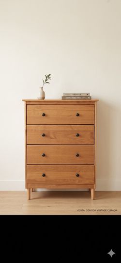 Mid-Century Modern 4-Drawer Dresser – Solid Pine Wood