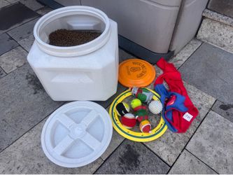 Dog pet food storage container and toys