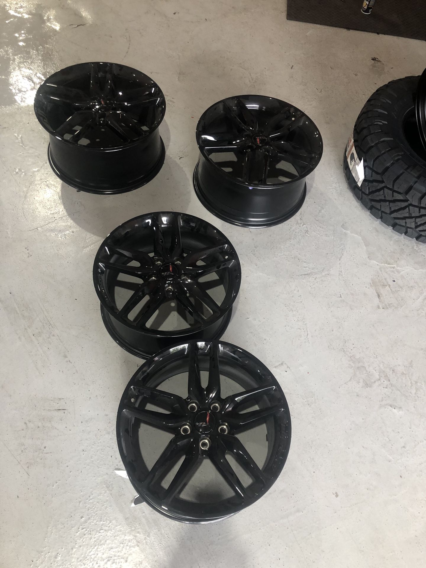 Corvette Z51 OEM Black Wheel Rims only (no tires). Staggered 19” front & 20” rear.