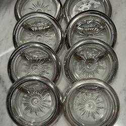 Set Of 8 Vintage Leonard Crystal & Silver plate Coasters