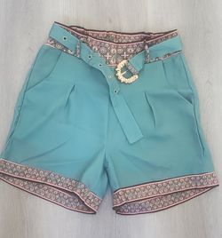 Vintage Inspired High Waisted Shorts Teal Geometric Trim Gold Buckle Belt