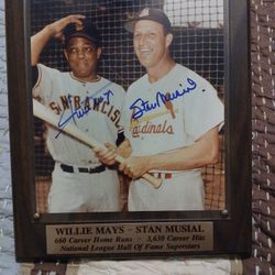 Willie Mays & Stan Musial 8"x10" Signed Photo On A 10 1/2" X 13" Plaque Honoring The Hall Of Famers.