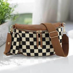 Women Retro Checkerboard Sling Waist Bag, PU‑Spliced Canvas Crossbody Fanny Pack, Wide Strap Trendy