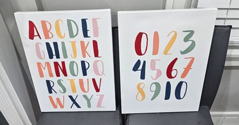 One Alphabet & One Number picture frames wrapped in canvas, a hanging hook on the back is included all in Excellent condition. 
Great for teaching.
