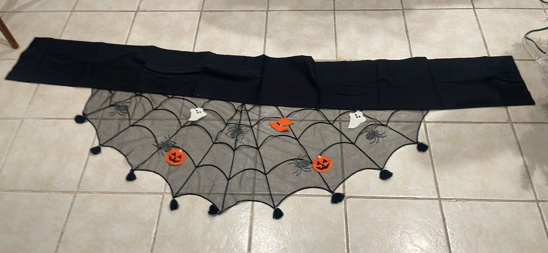Halloween web design, ghost, spider, creepy, crawling table, runner, or fire mantle, scarf, party prop