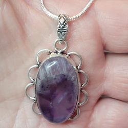 Natural Purple Amethyst Solid 925 Silver Necklace On A 20" snake Chain.