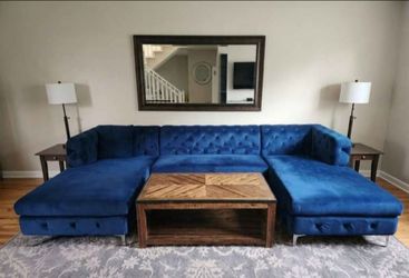 Blue Velvet Sectional Couch / Double Chaise Sofa