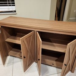 Rustic Wood Cabinet with Adjustable Shelf 4 Door Storage , Brown Oak 55.20 X 15.70 X 30.60 Inches