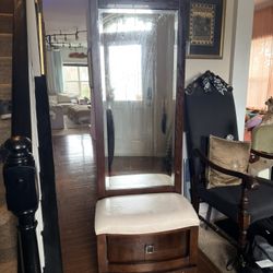 Real Wood Mirrored Padded Chair With Drawer