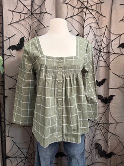 Olive Green Windowpane Check Square Neck Smocked Blouse