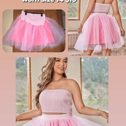 Pink  Shirred Crop Tube & Mesh Overlay Skirt