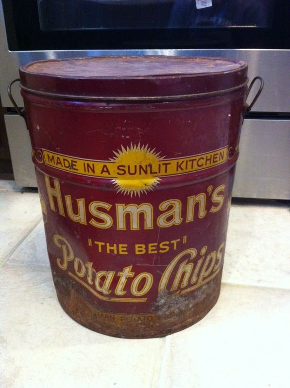 Vintage Husman's Potato Chips metal tin can bucket 3lbs