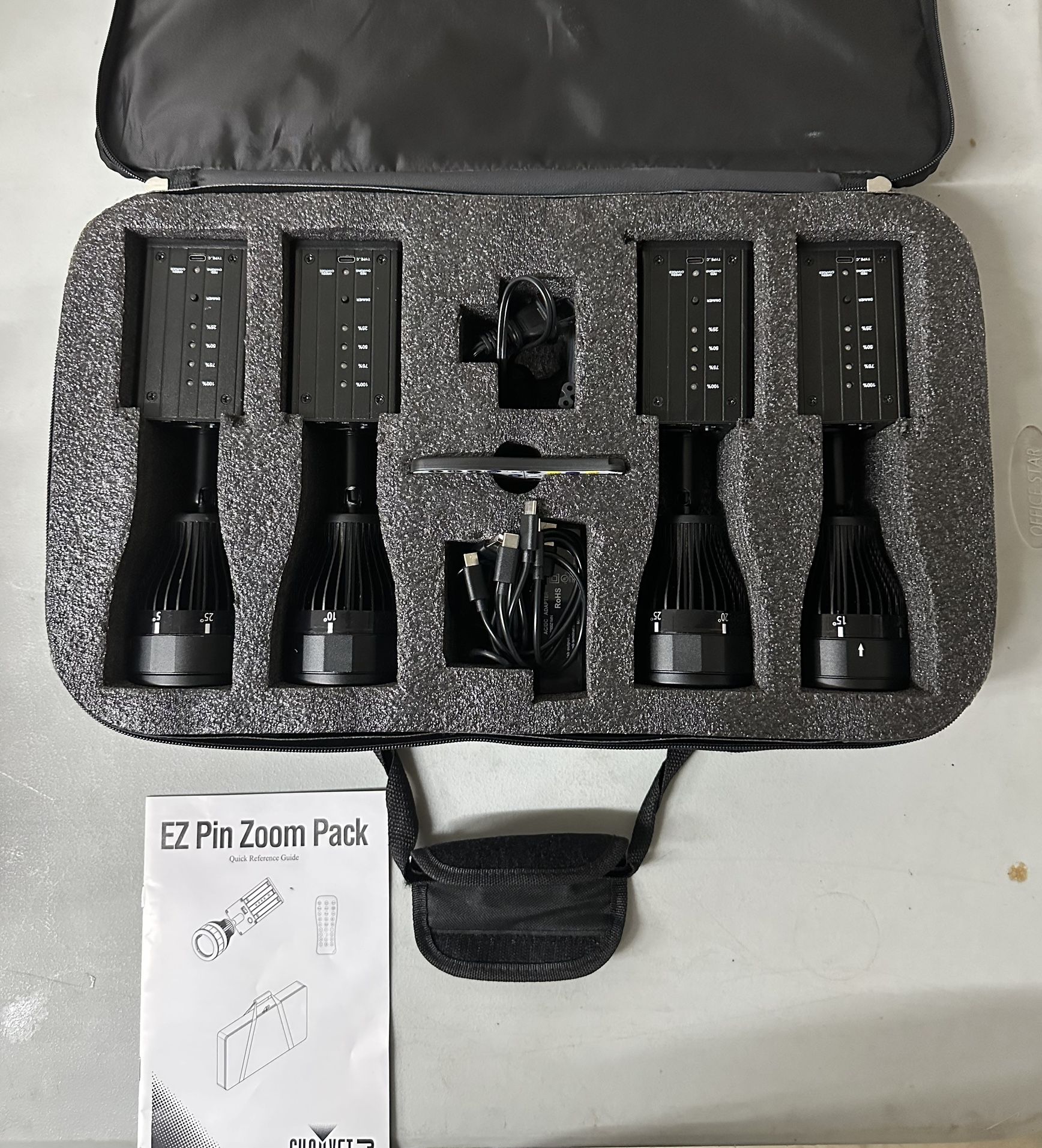 Chauvet DJ Ezpin Zoom Pack Pin Spot Kit w/ (4) Rechargeable Fixtures+Remote+Bag $280 OBO