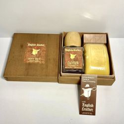 Vintage New ENGLISH LEATHER Wood Box Gift Set, Soap And Lotion