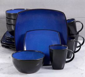 Lounge Square Reactive Glaze Stoneware Dinnerware Service for 4 16pc Blue NEW