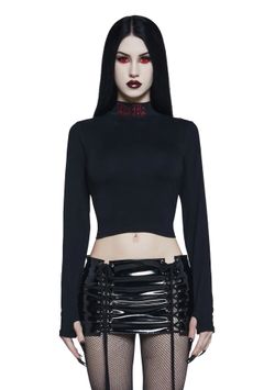 Widow: Black 'Bite Me' Embroidered Mock Neck Cropped Knit Top Thumbholes, S