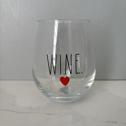 New  Rae Dunn stemless wine glass with the word "WINE." and a red heart. 