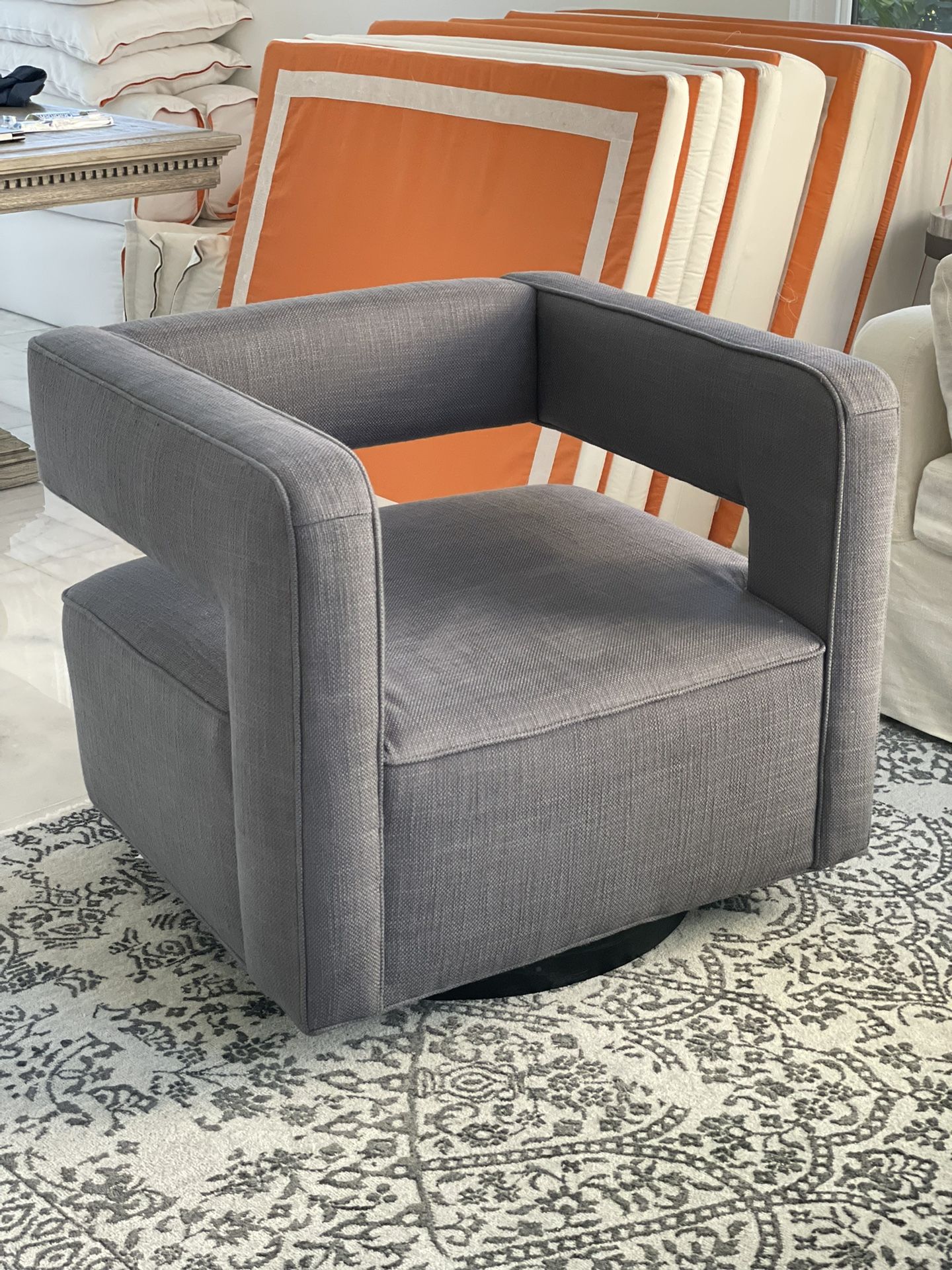 RH Restoration Hardware drew fabric swivel chairs 31"W x 29"D x 27"H in carbon italian basket weave