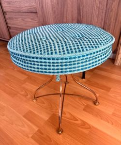 Vintage Hollywood Regency Turquoise Upholstered Round Side Table / Stool
