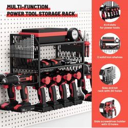 Power Tool Storage Rack with 8 Drill Storage, Cordless Drill Garage Storage Rack, Pegboard Woodboard And Concrete Wall Drill Holder Tool Shelf, BI