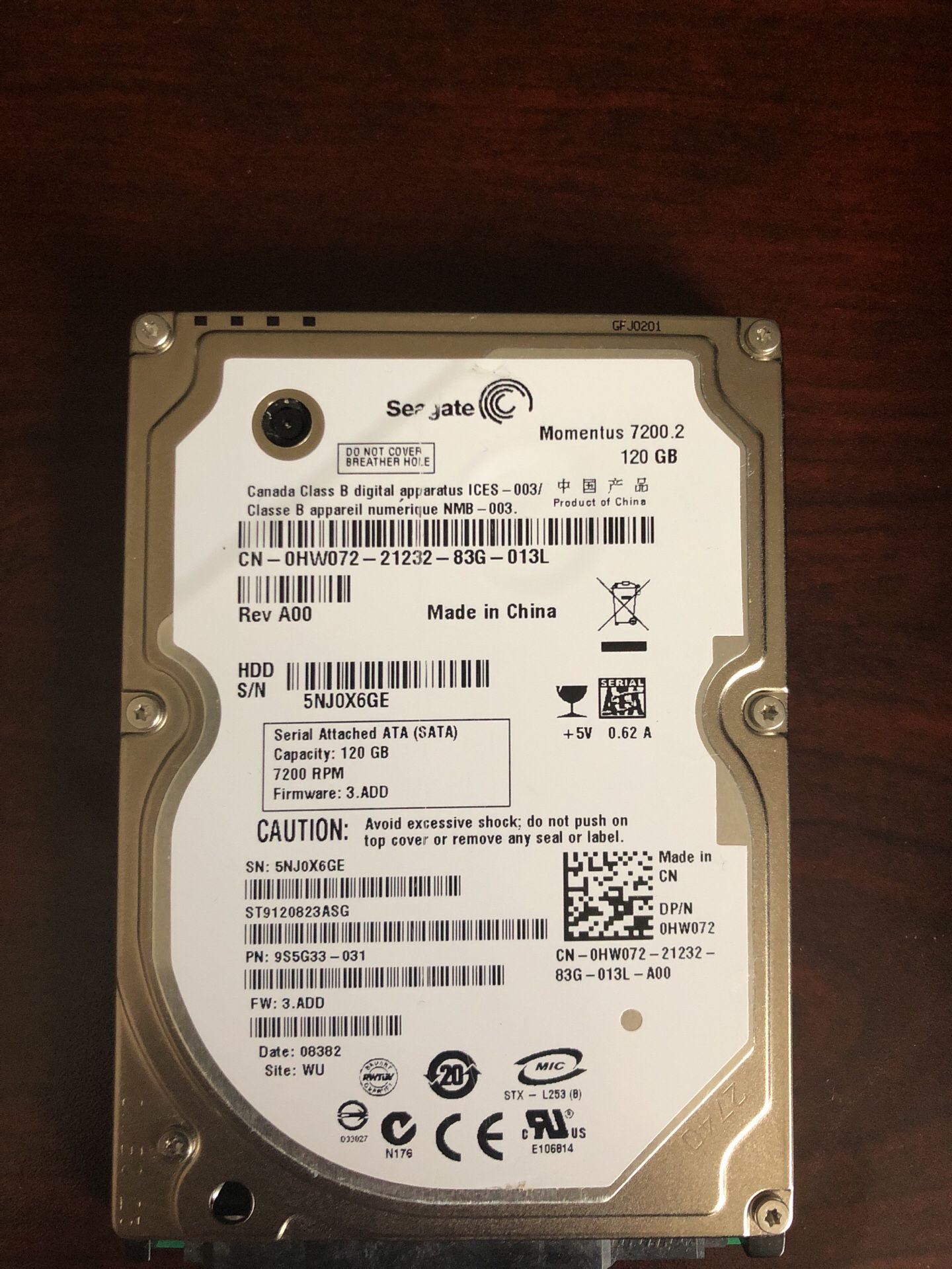 Seagate 120GB Hard Drive 2.5” SATA 72K
