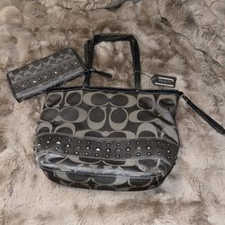 Coach Signature Studded Dark Gray purse w/ Wallet