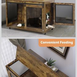 LINLUX 47 Inch Large Dog Crate Furniture, Wooden Heavy Duty XL Dog Kennel Indoor, Decorative Dog Cage Table for Large Dogs, with Sliding Doors, Wheels