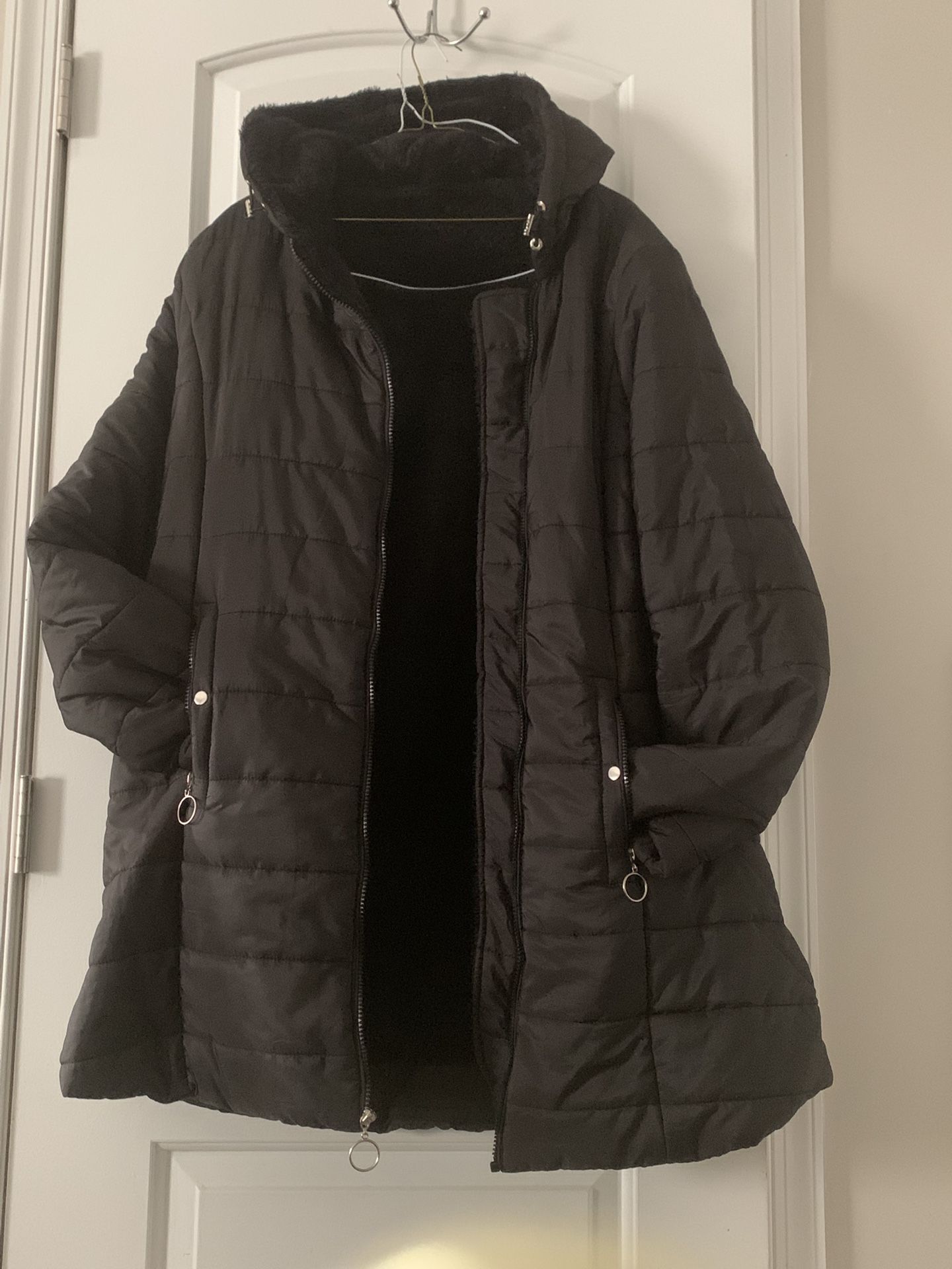WOMENS BLACK FAUX LINED HOODED COAT